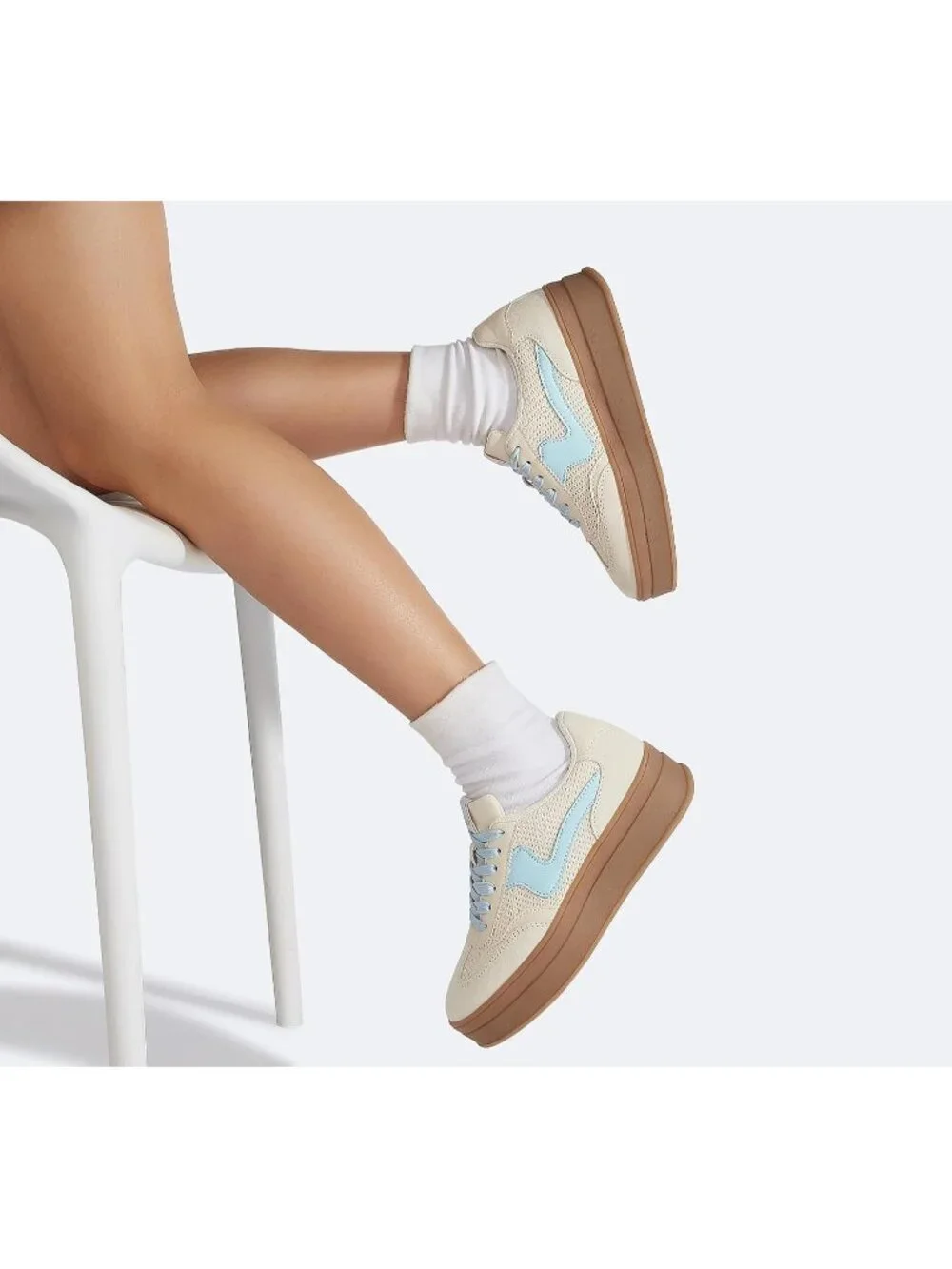 🆕Women's Beige Blue Platform Fashion Sneakers Thick Sole Casual Walking Shoes